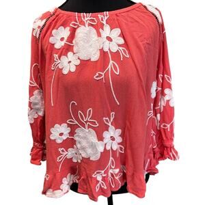 Liv Los Angeles Pumpkin Rust & White‎ Floral Embroidered Tunic Peasant Blouse L